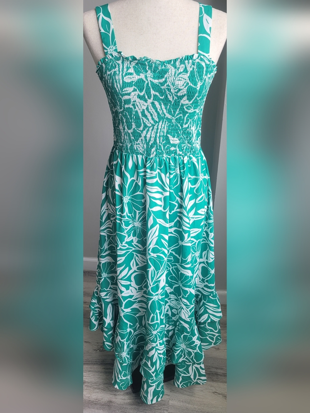 Grace Karin Green White Floral Smocked  Maxi Dress Sx M Adjustable Straps